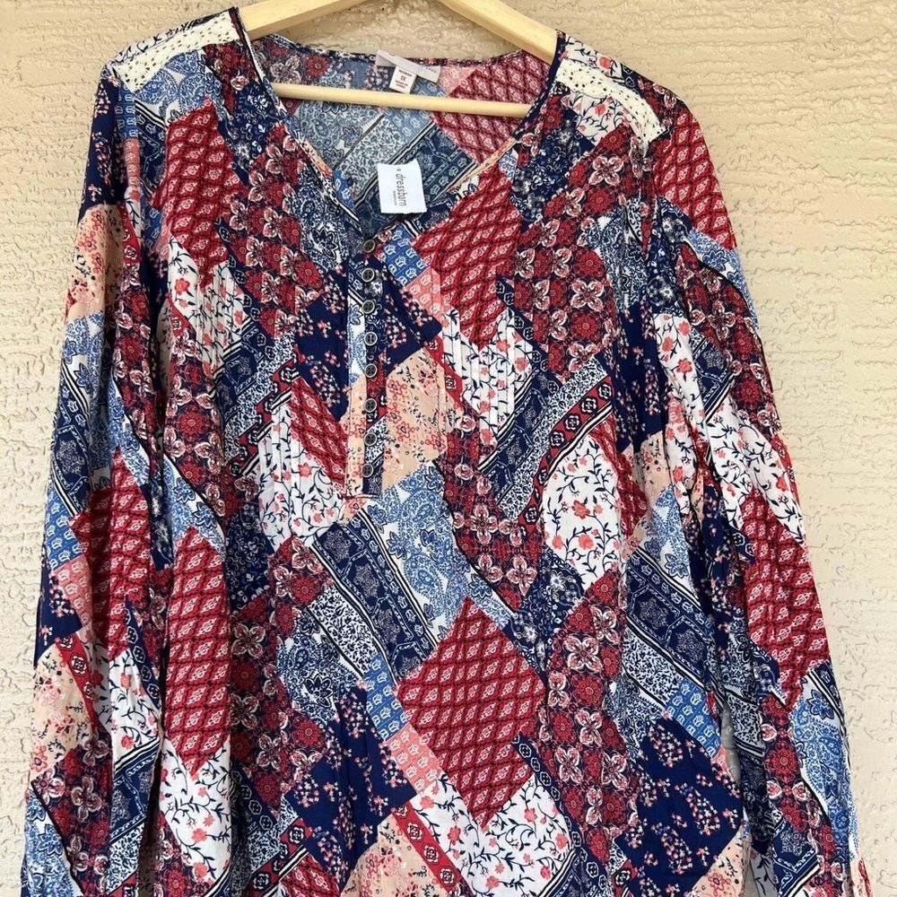 Dressbarn Woman’s Boho Multicolor Multi-design Tunic with lace Size 1X.